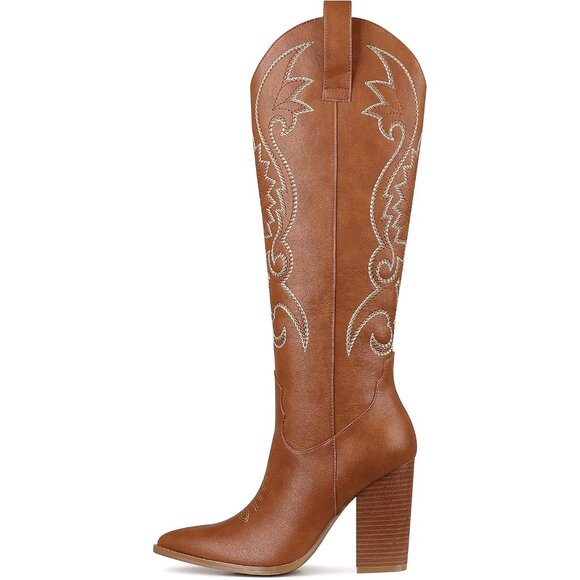 Women Brownpu Embroidered Pointed Toe Knee High Western Chunky Heels Boots - Picture 1 of 7